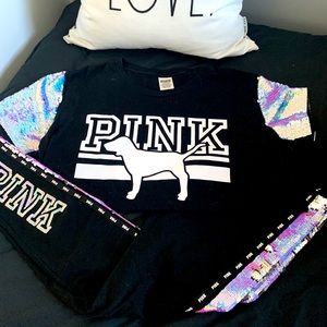 PINK VS Bling Flip Sequin tee and leggings